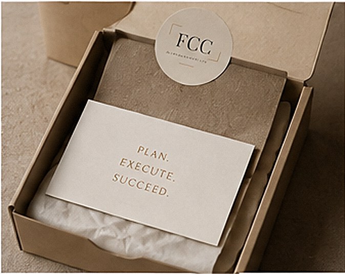 An FCC welcome box packed with branded stationery