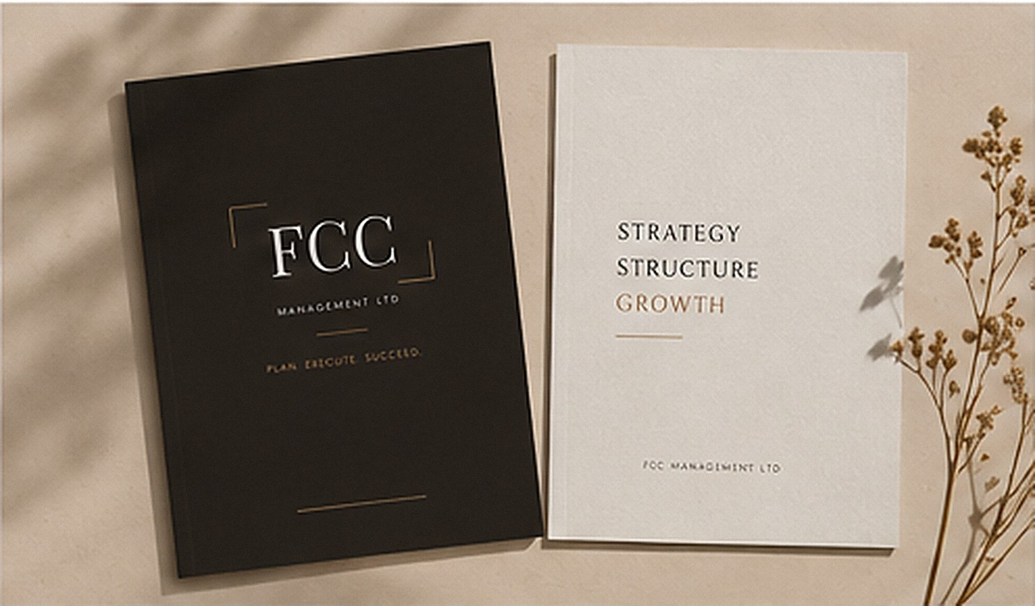 FCC Management printed brochures on a linen surface with dried flowers